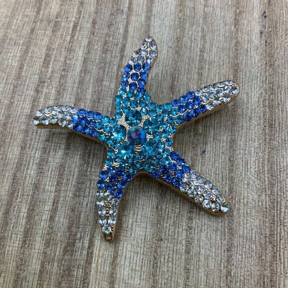 Starfish Ombre Blue Rhinestone Gold Tone Brooch Pin - Picture 1 of 8